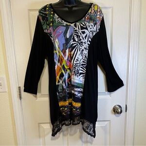 Parsley & Sage Black Multicolor Tunic Top with Lace on Bottom